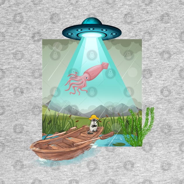 Catfish  alien abduction novelty design . Original artwork. One of a kind ufo cat fishing  squid gag gift 2023 by Flawless Designs